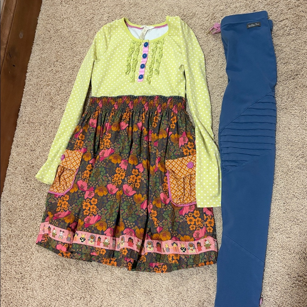 Matilda Jane Floral Long Sleeve Dress and Blue Leggings Set